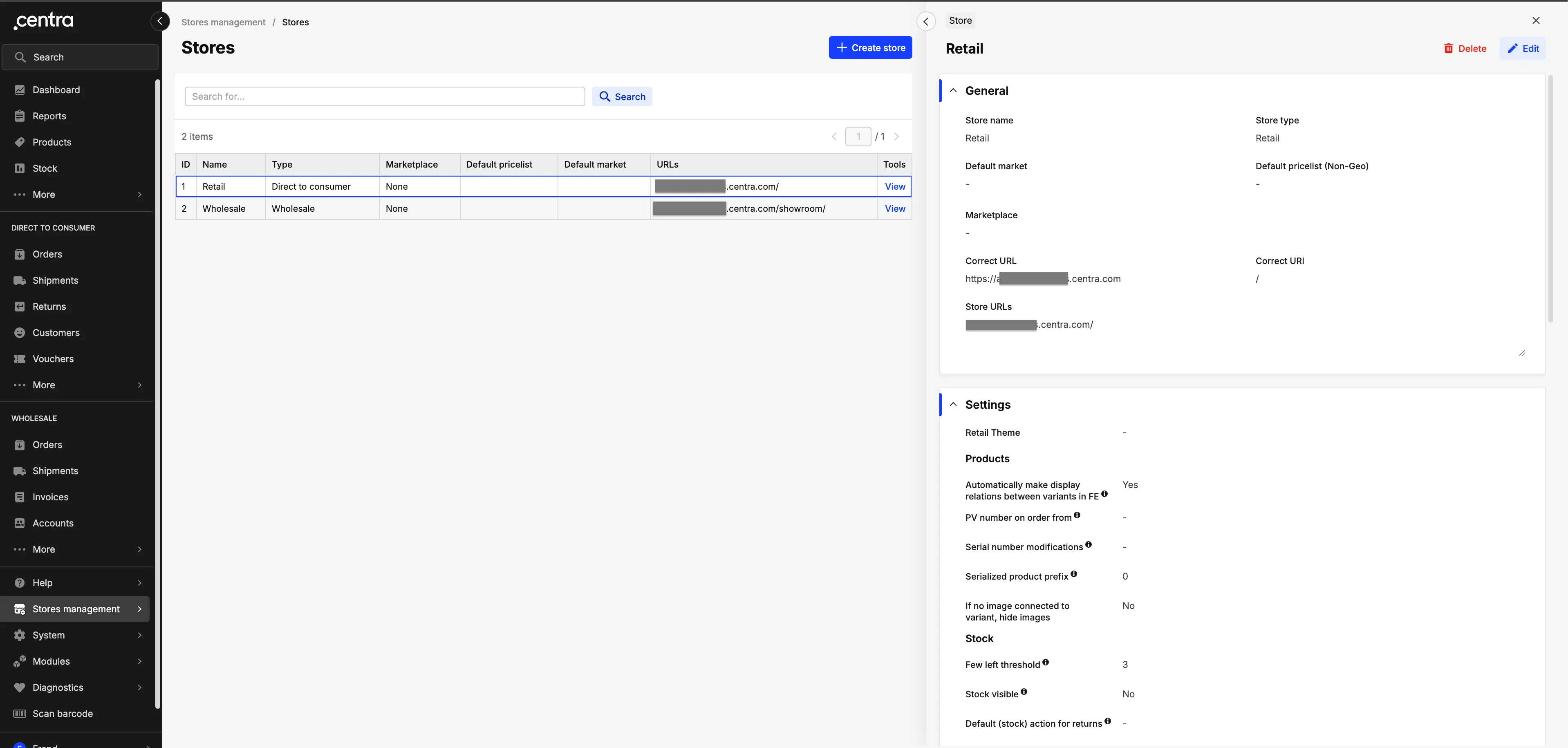 Centra store settings