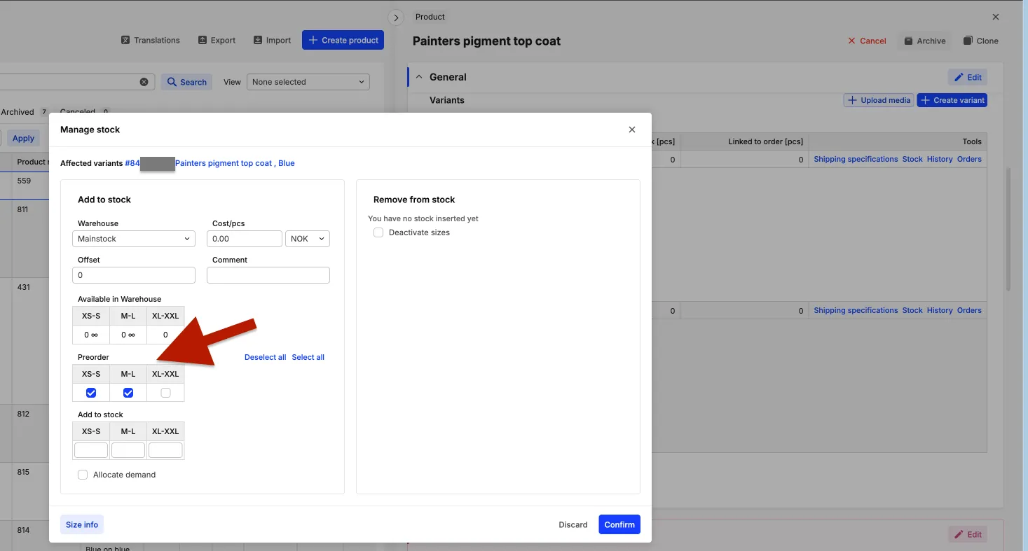 Pre order checked on variant sizes